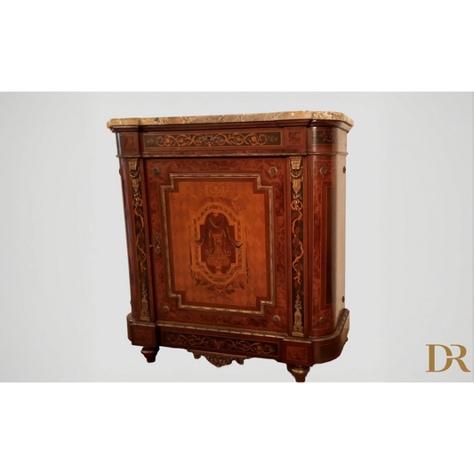 Credenza intarsiata con applicazioni in ottone e marmo, splendida credenza bassa