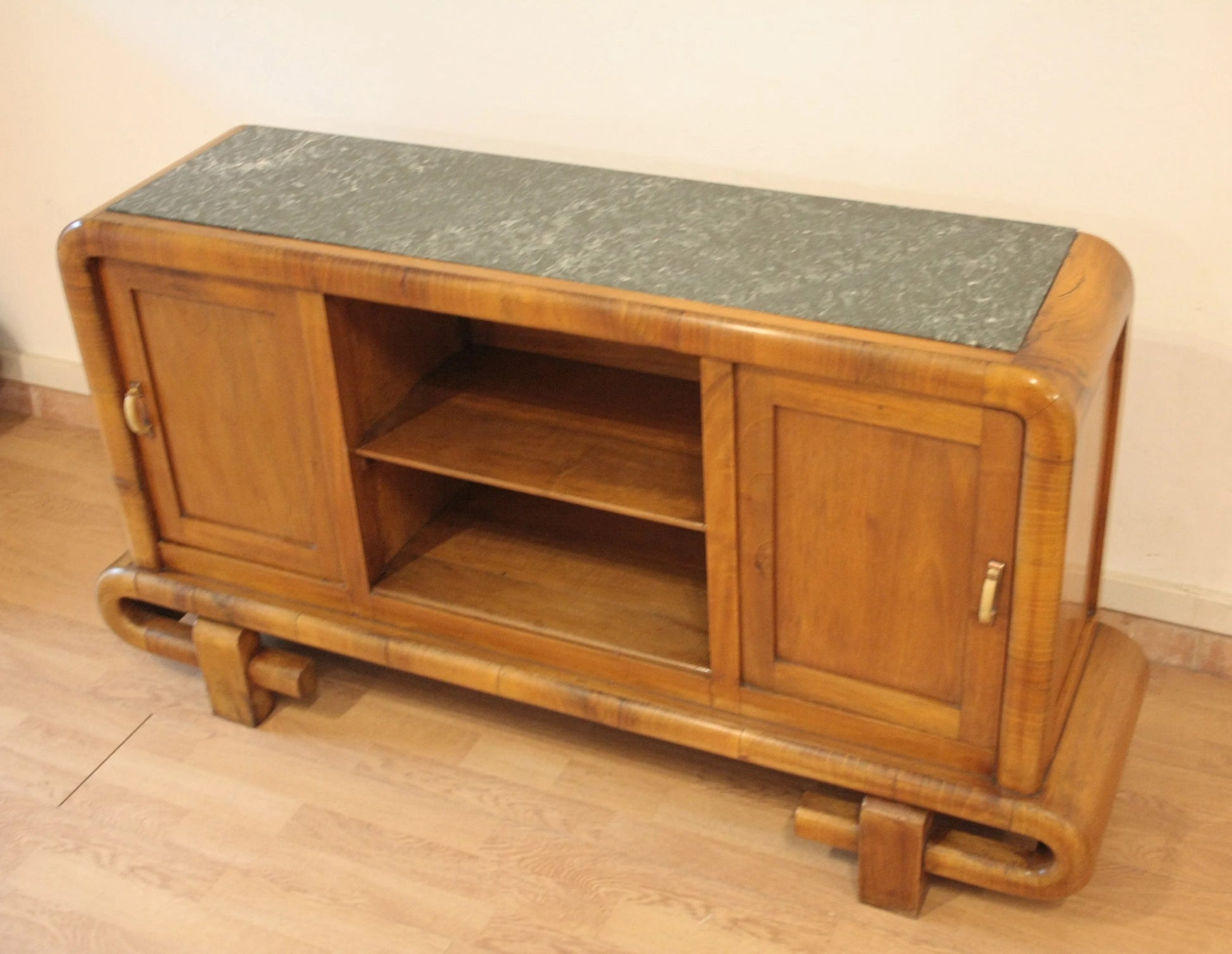 Toeletta art decò in noce con piano in marmo anni 50 stile mid century modern italiano