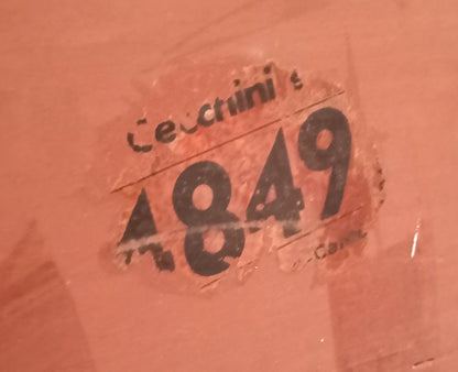 Fregio sbiadito con numero 1849 e scritta cecchini su mobile bar consolle vittorio dassi mid-century