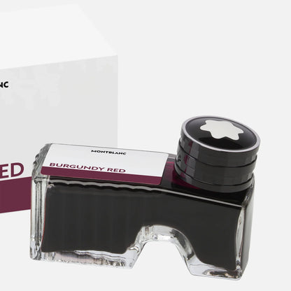 Boccetta dinchiostro montblanc da 50ml in vetro elegante con cappuccio nero e logo stella in rosso bordeaux