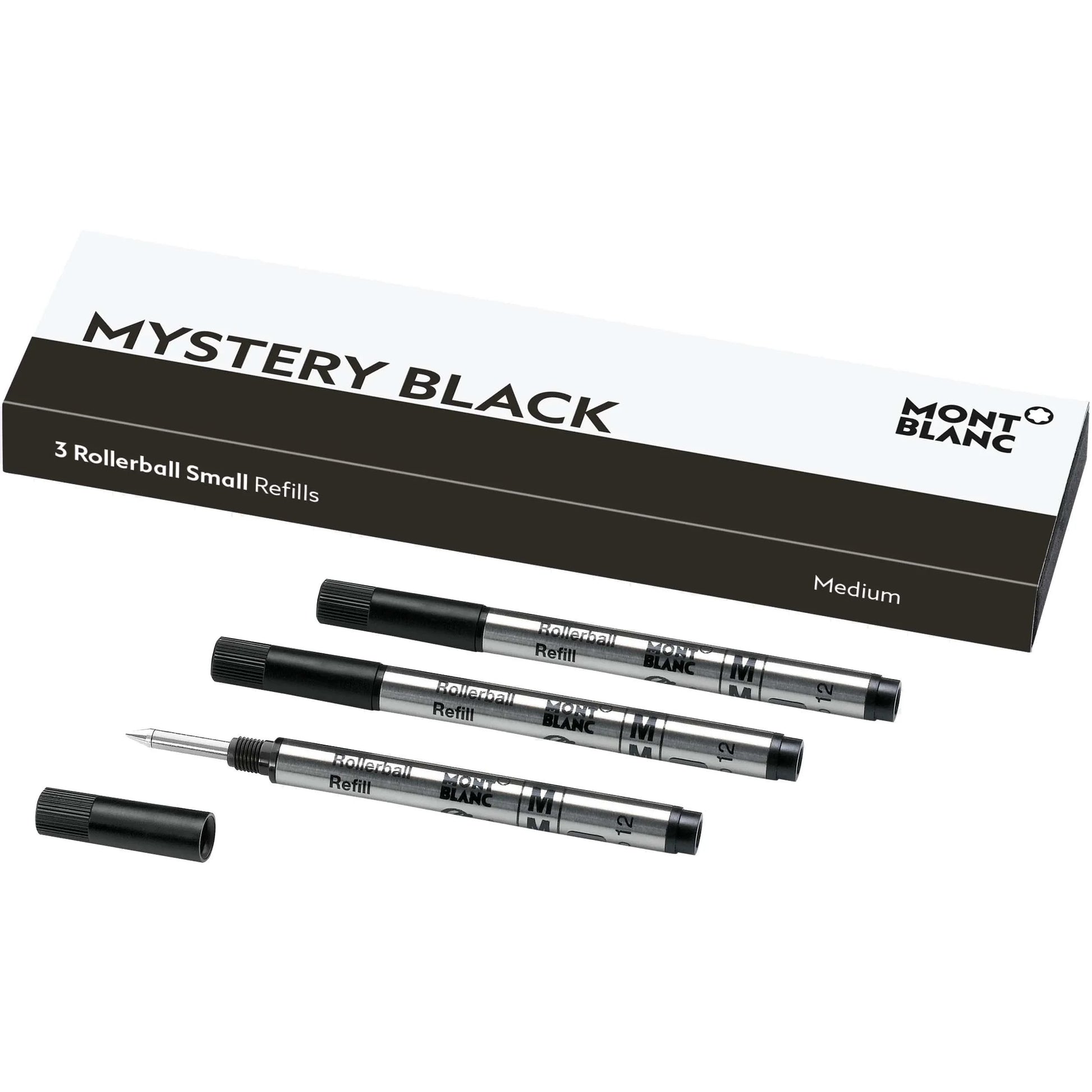 Refill piccoli montblanc mystery black medium rollerball punta m nero con cappucci neri e corpo argento