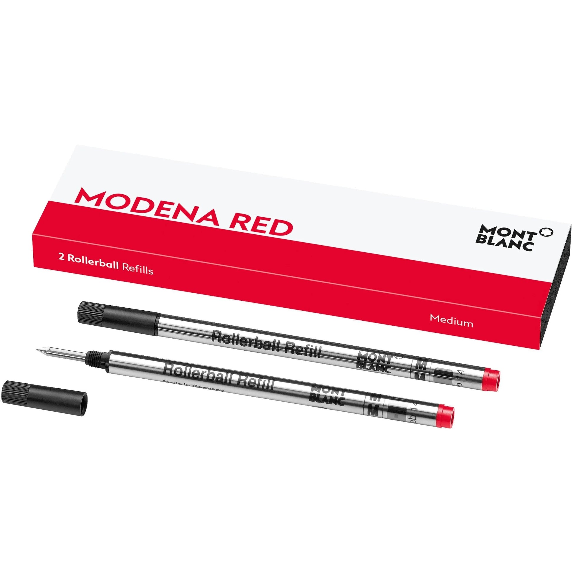Montblanc 2 refill per roller medium rosso modena con barile argento e cappuccio rosso per montblanc eccetto roller