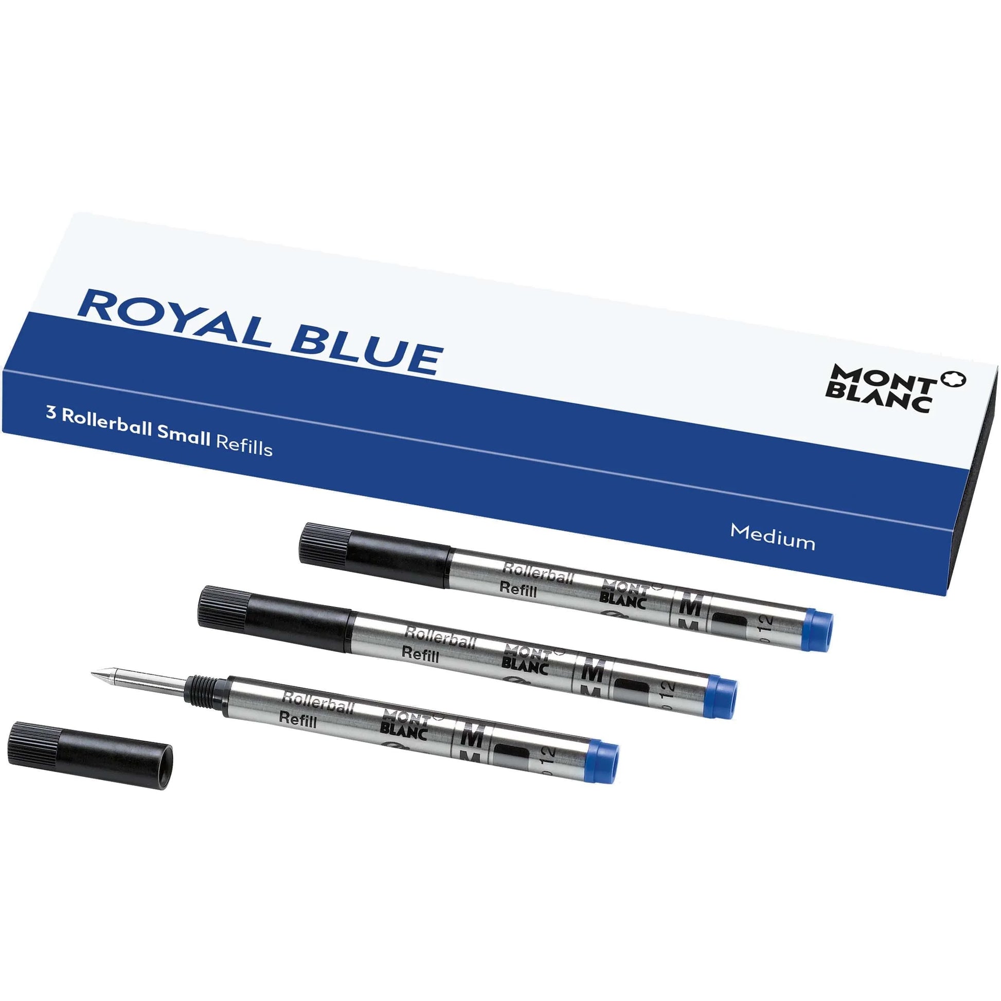 Montblanc 3 refill piccoli per penne roller meisterstück punta m royal blue con corpo in argento e cappucci neri