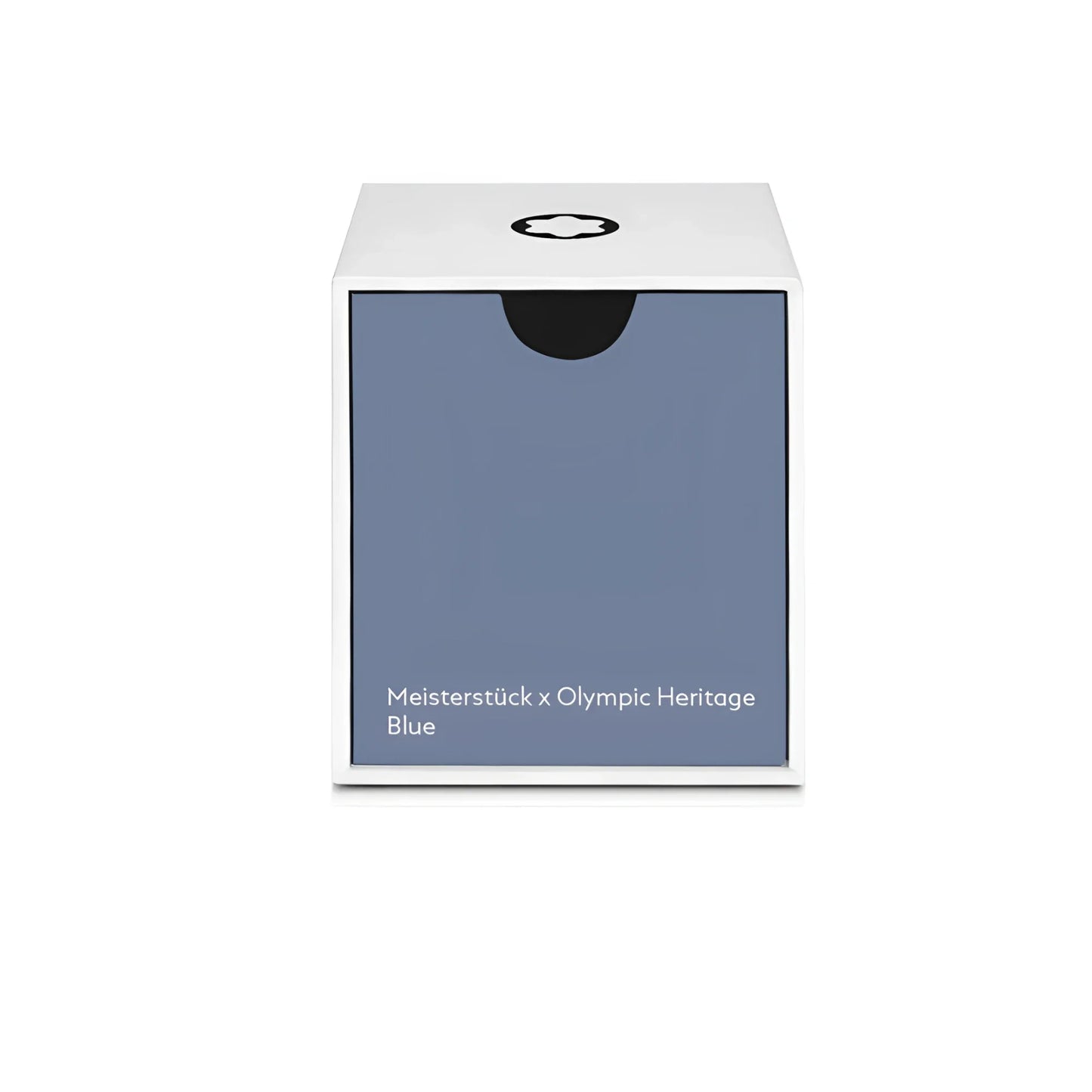 Scatola rettangolare bianca con pannello frontale blu opaco e logo nero per montblanc boccetta d’inchiostro olympic heritage blu