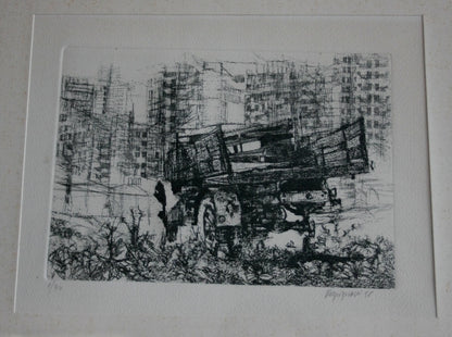 Etichetta in bianco e nero di camion in periferia anno 1956 di renzo vespignani con dimensioni quadro numerate