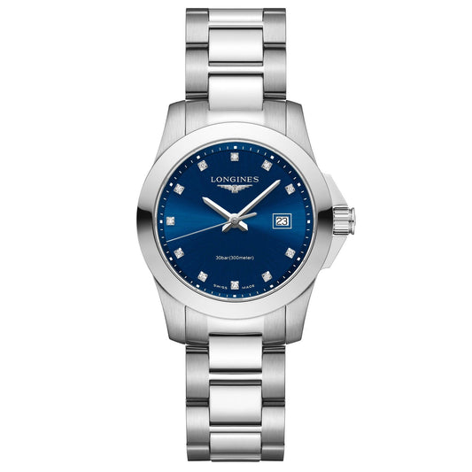 Longines horloge Conquest 29,5mm blauw diamanten staal quartz L3.376.4.97.6