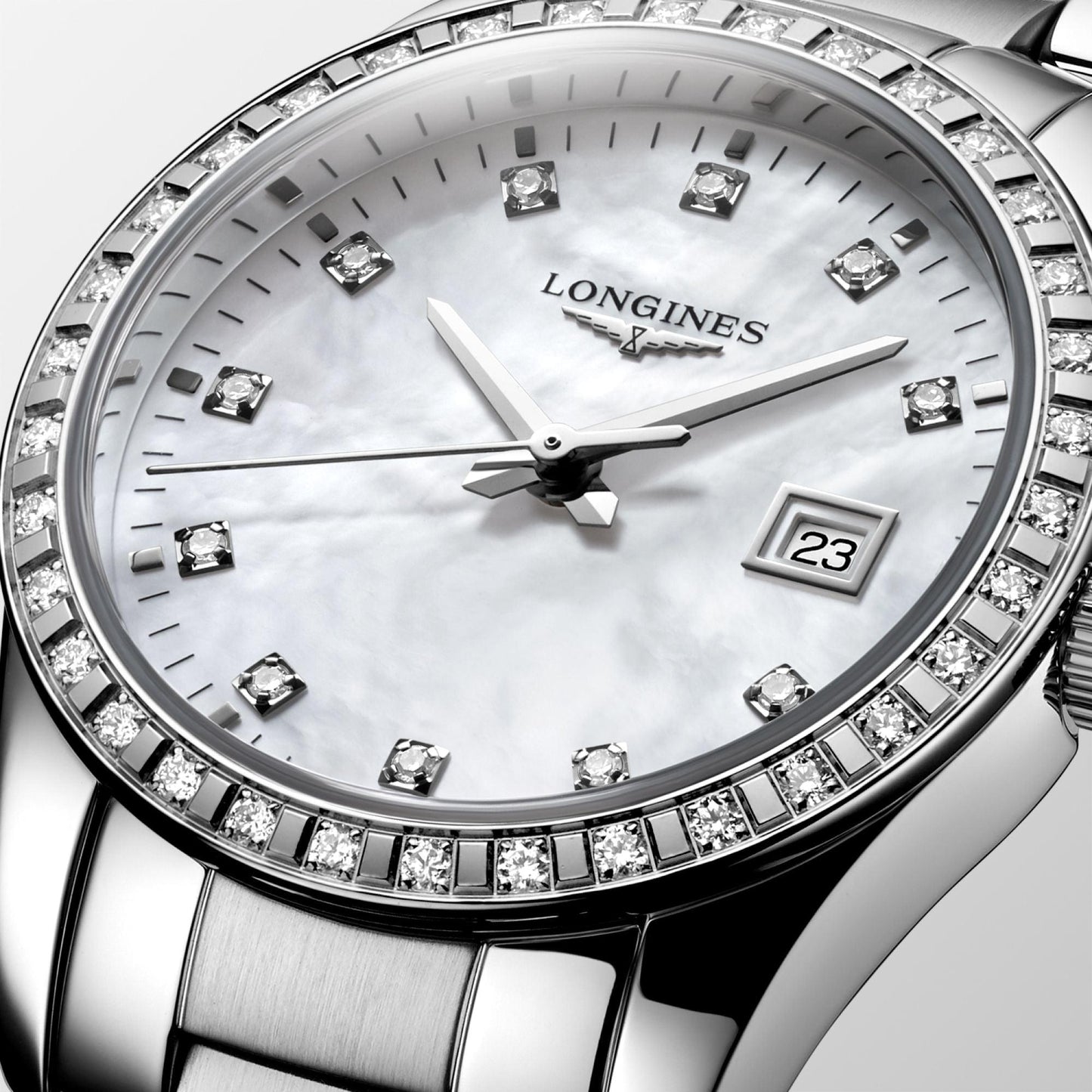 Longines orologio Conquest Classic 29,5mm madreperla diamanti quarzo acciaio L2.286.0.87.6