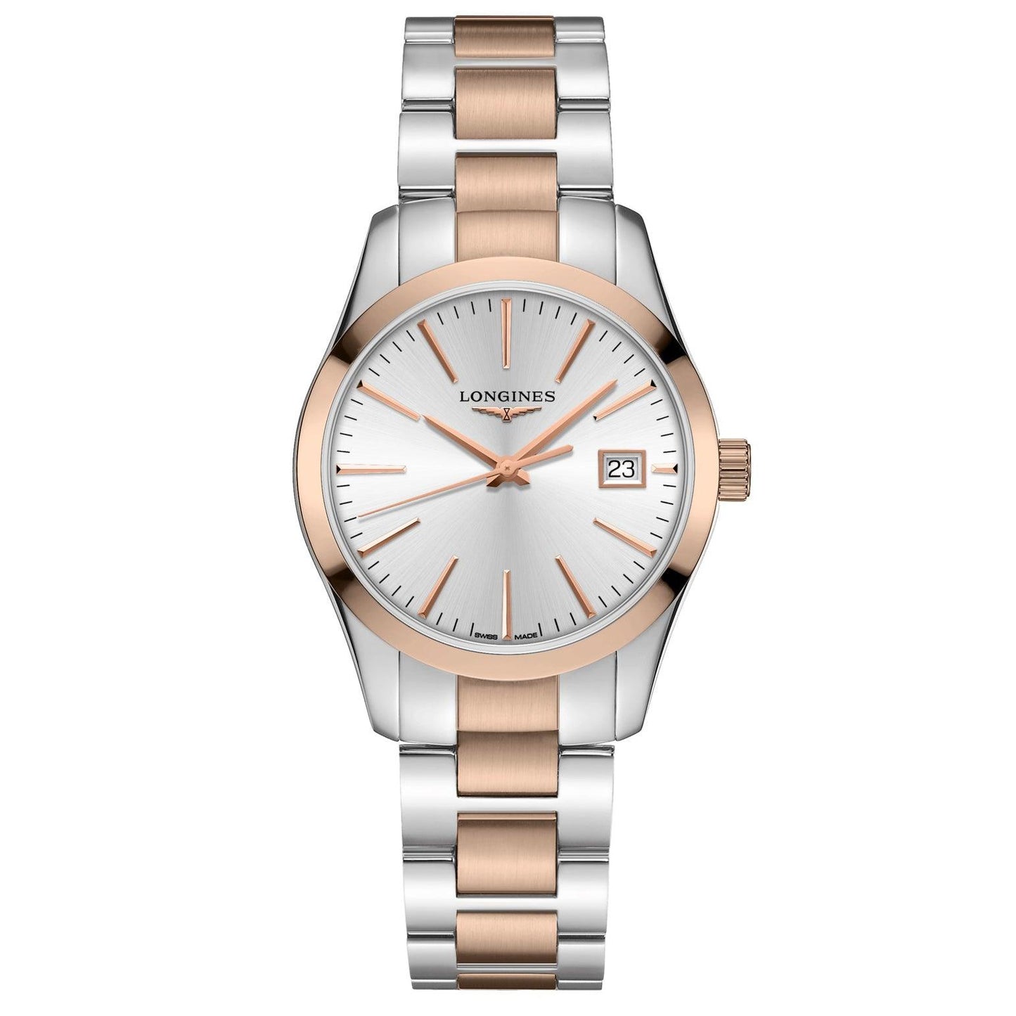 Longines horloge Conquest Classic 34mm zilver quartz staal PVD roségoud L2.386.3.72.7