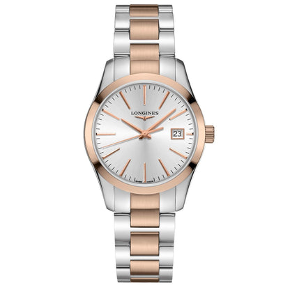 Longines horloge Conquest Classic 34mm zilver quartz staal PVD roségoud L2.386.3.72.7
