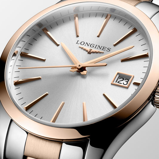 Longines horloge Conquest Classic 34mm zilver quartz staal PVD roségoud L2.386.3.72.7