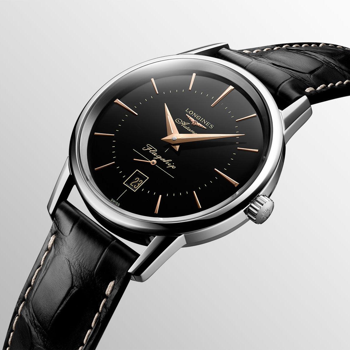 Longines horloge Flagship Heritage 38,5mm zwart automatisch staal L4.795.4.58.0