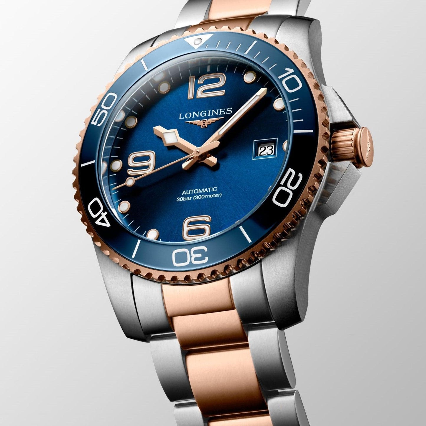 Longines horloge HydroConquest 41mm blauw automatisch staal met PVD roségoud afwerking L3.781.3.98.7