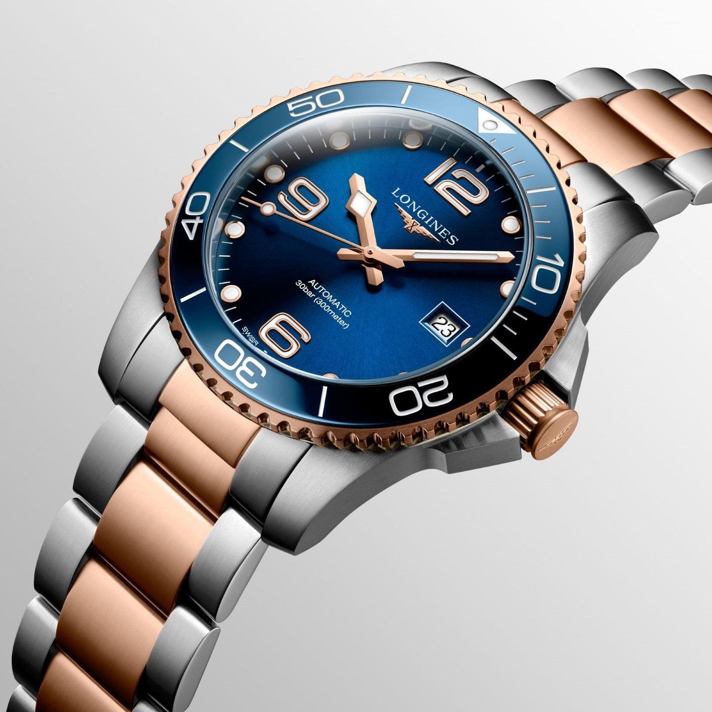 Longines horloge HydroConquest 41mm blauw automatisch staal met PVD roségoud afwerking L3.781.3.98.7
