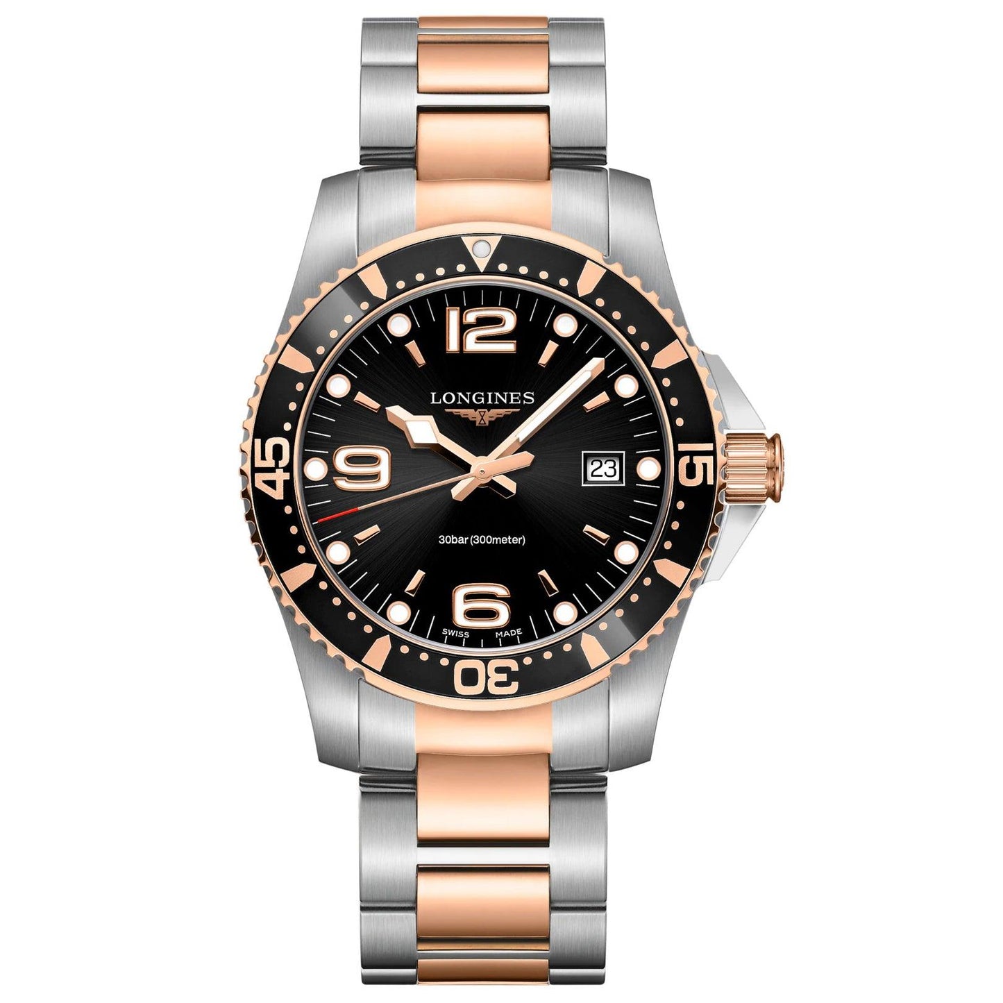 Longines horloge HydroConquest 41mm zwart quartz staal PVD roségoud afwerking L3.740.3.58.7
