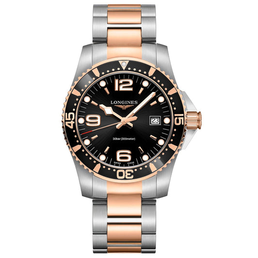 Longines horloge HydroConquest 41mm zwart quartz staal PVD roségoud afwerking L3.740.3.58.7