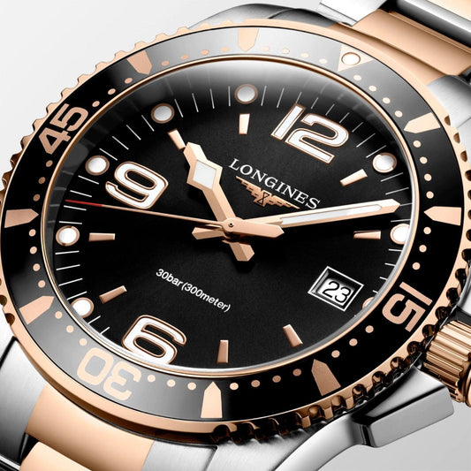 Longines horloge HydroConquest 41mm zwart quartz staal PVD roségoud afwerking L3.740.3.58.7