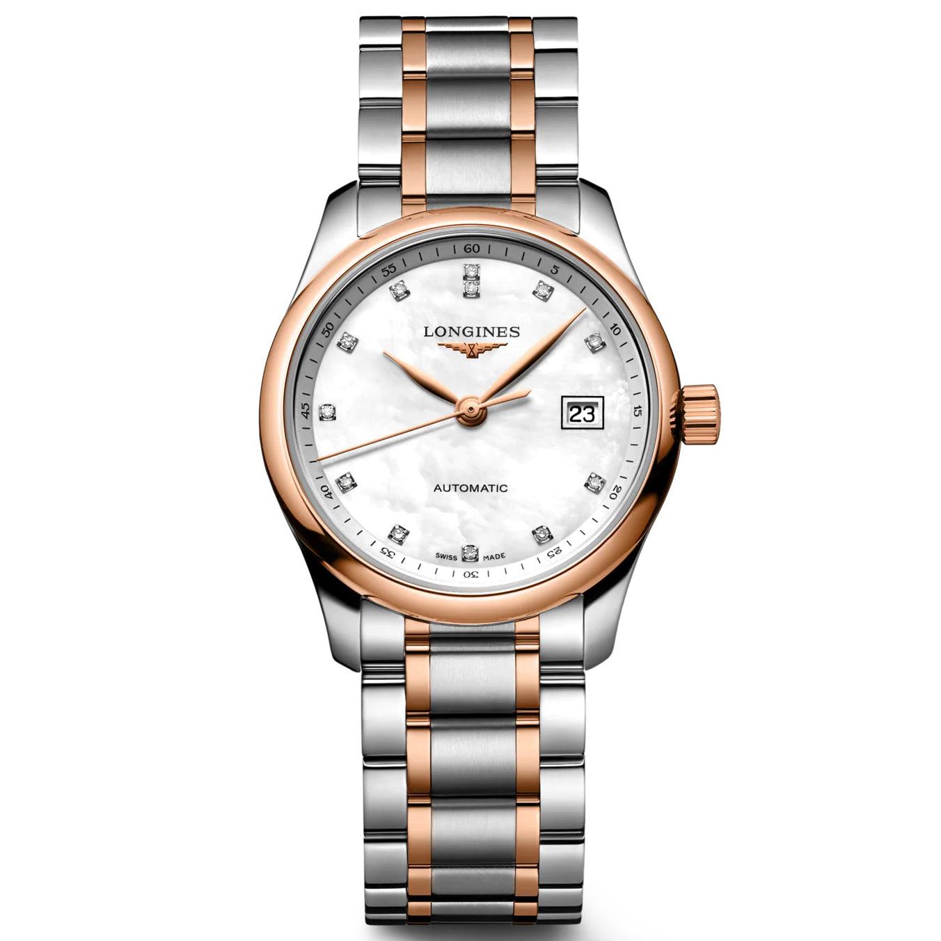 Longines horloge Master Collection 29mm parelmoer diamanten automatisch staal roségoud L2.257.5.89.7