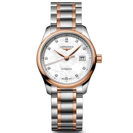 Longines horloge Master Collection 29mm parelmoer diamanten automatisch staal roségoud L2.257.5.89.7