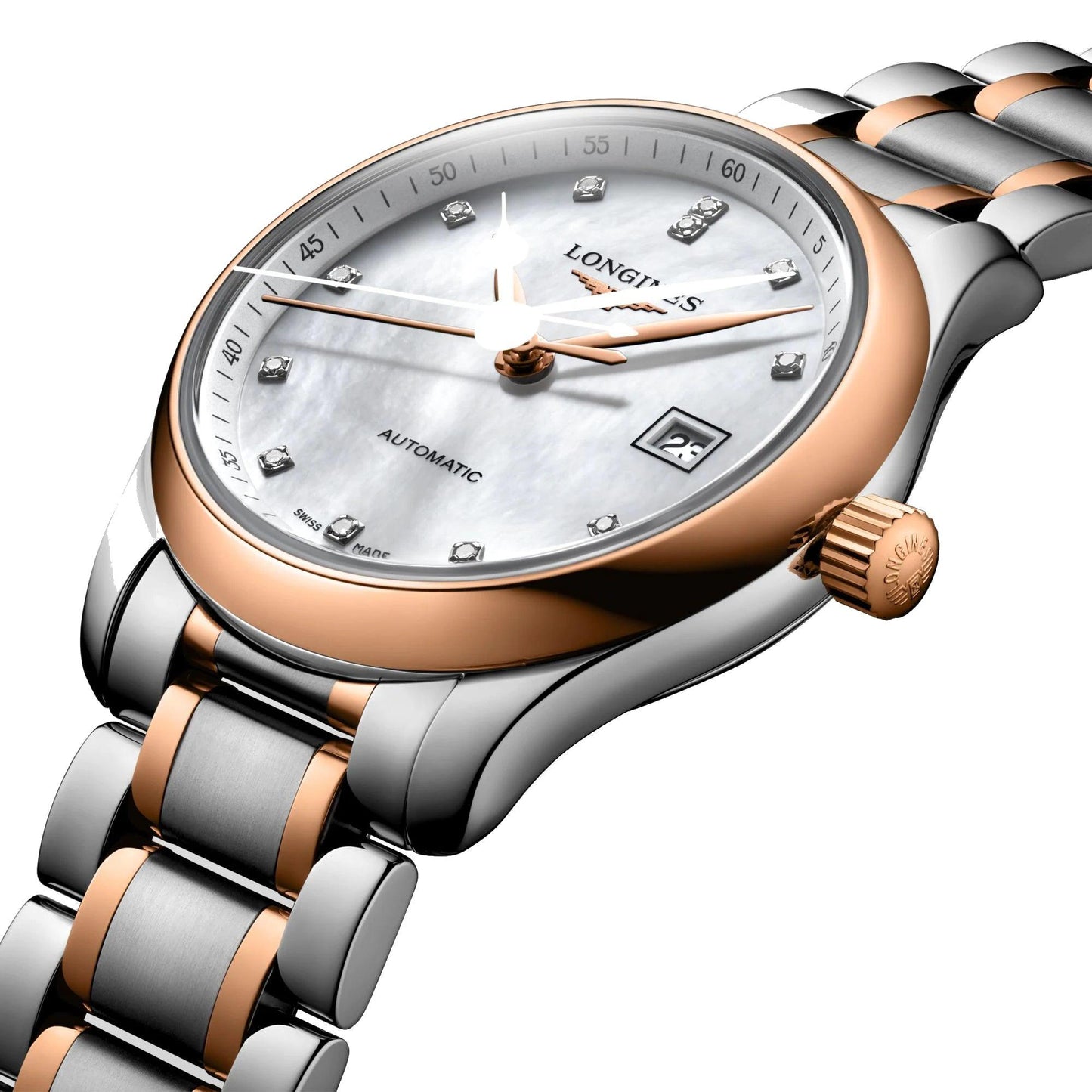 Longines horloge Master Collection 29mm parelmoer diamanten automatisch staal roségoud L2.257.5.89.7