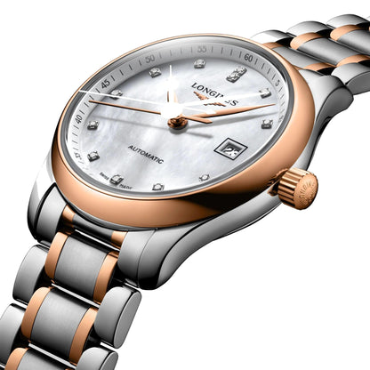 Longines horloge Master Collection 29mm parelmoer diamanten automatisch staal roségoud L2.257.5.89.7