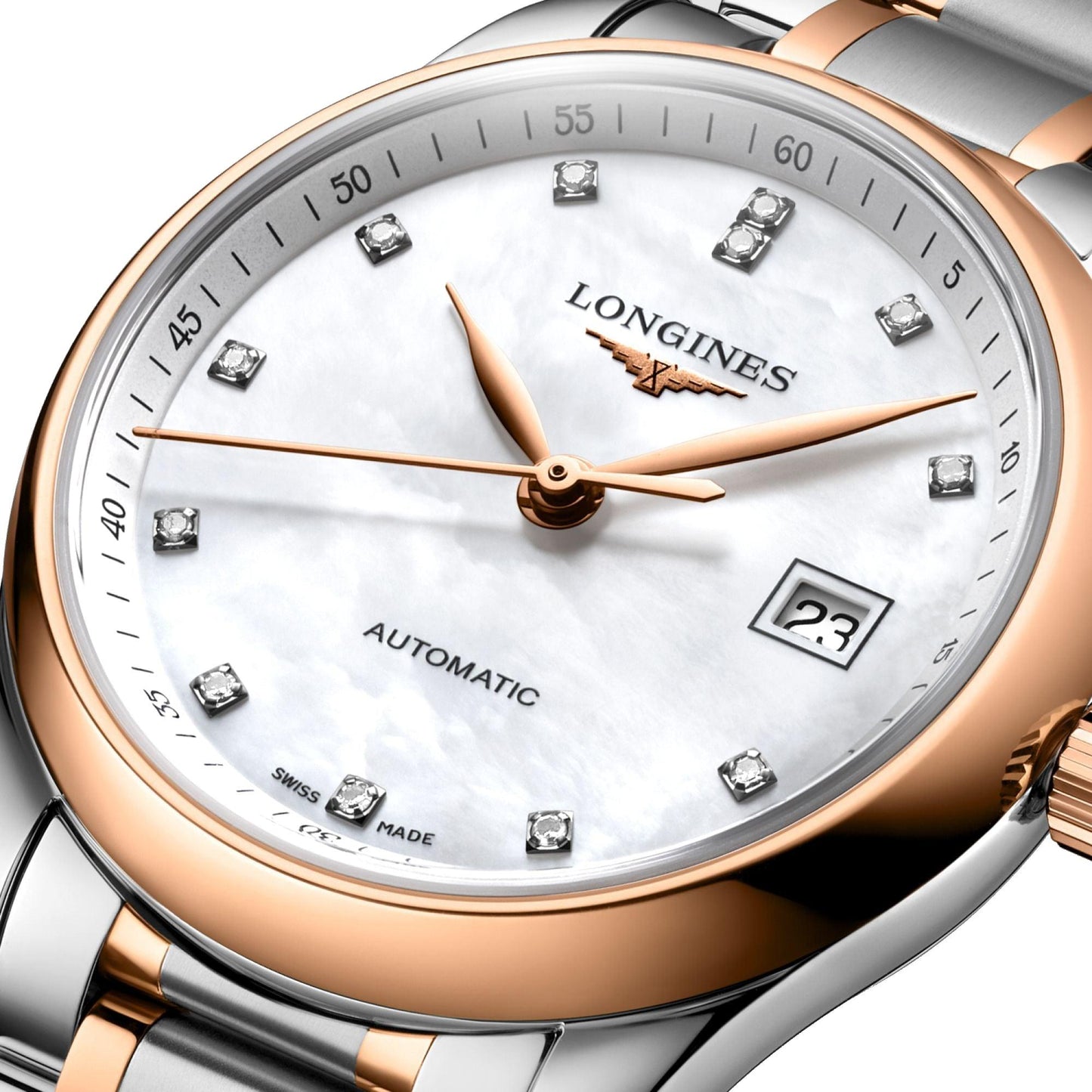 Longines horloge Master Collection 29mm parelmoer diamanten automatisch staal roségoud L2.257.5.89.7