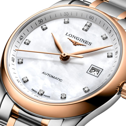 Longines horloge Master Collection 29mm parelmoer diamanten automatisch staal roségoud L2.257.5.89.7