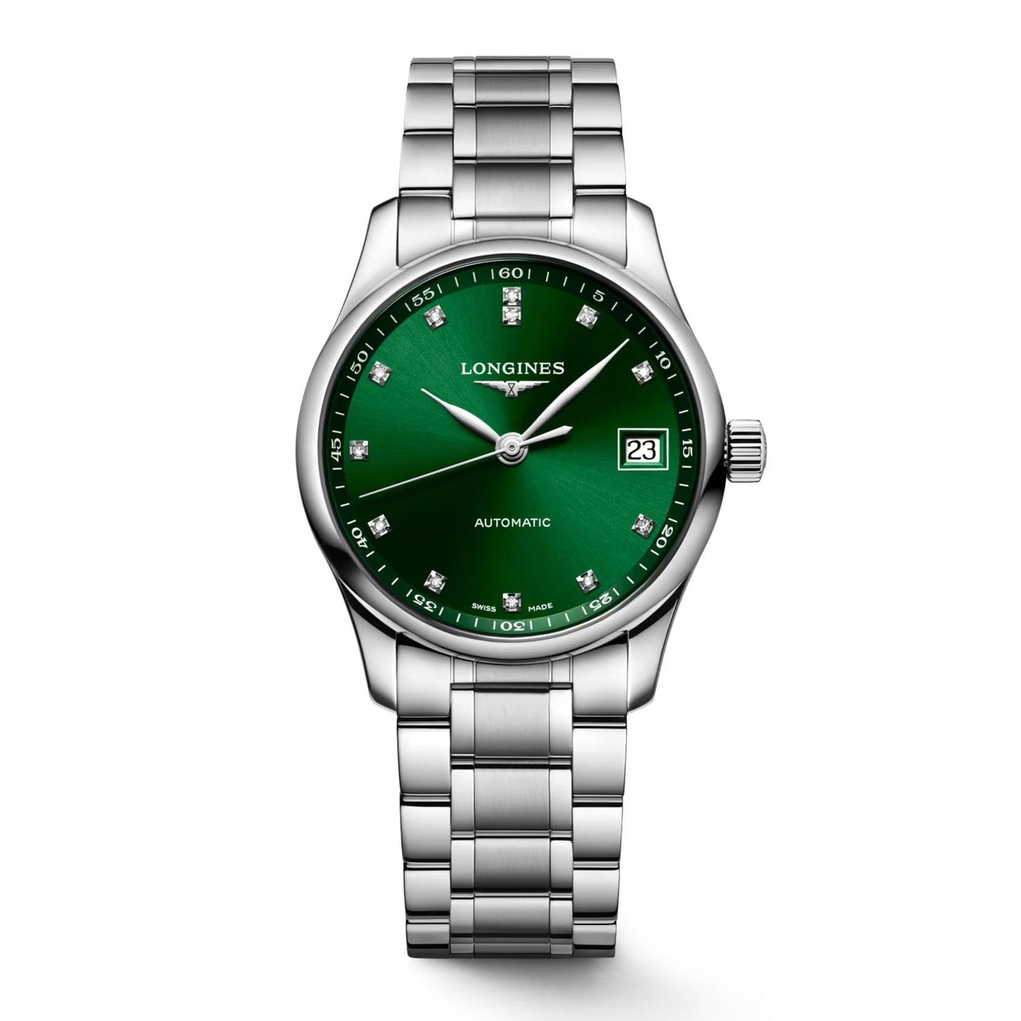 Longines horloge Master Collection 34mm groen diamanten automatisch staal L2.357.4.99.6