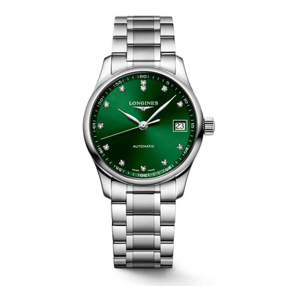 Longines horloge Master Collection 34mm groen diamanten automatisch staal L2.357.4.99.6
