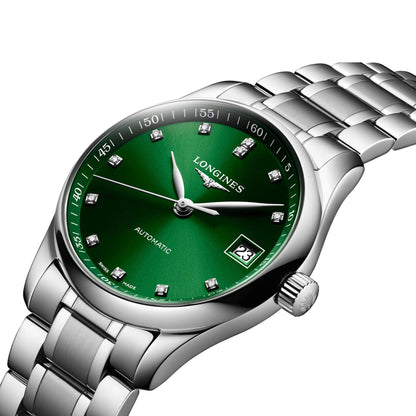 Longines horloge Master Collection 34mm groen diamanten automatisch staal L2.357.4.99.6