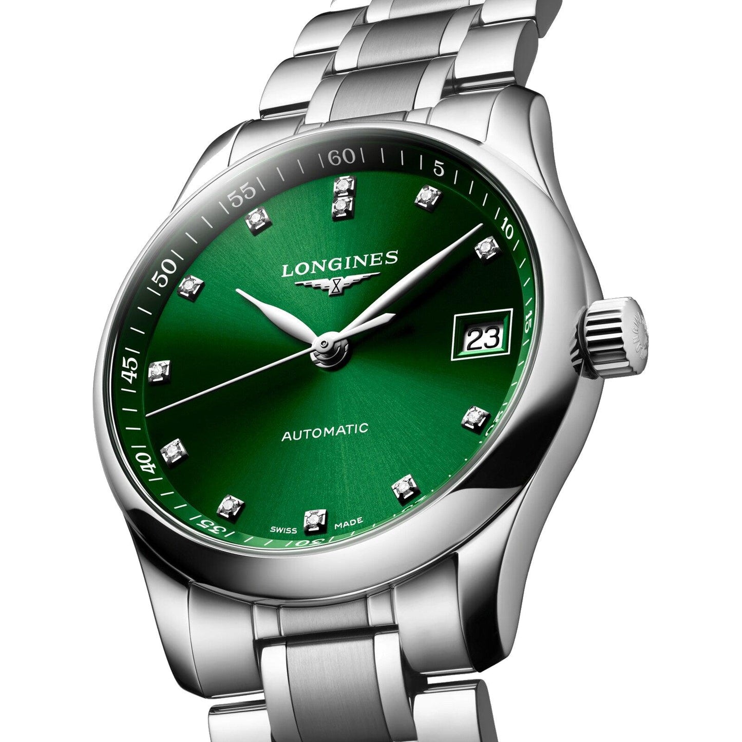 Longines horloge Master Collection 34mm groen diamanten automatisch staal L2.357.4.99.6