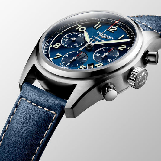 Longines horloge Spirit chronograaf 42mm blauw automatisch staal L3.820.4.93.0