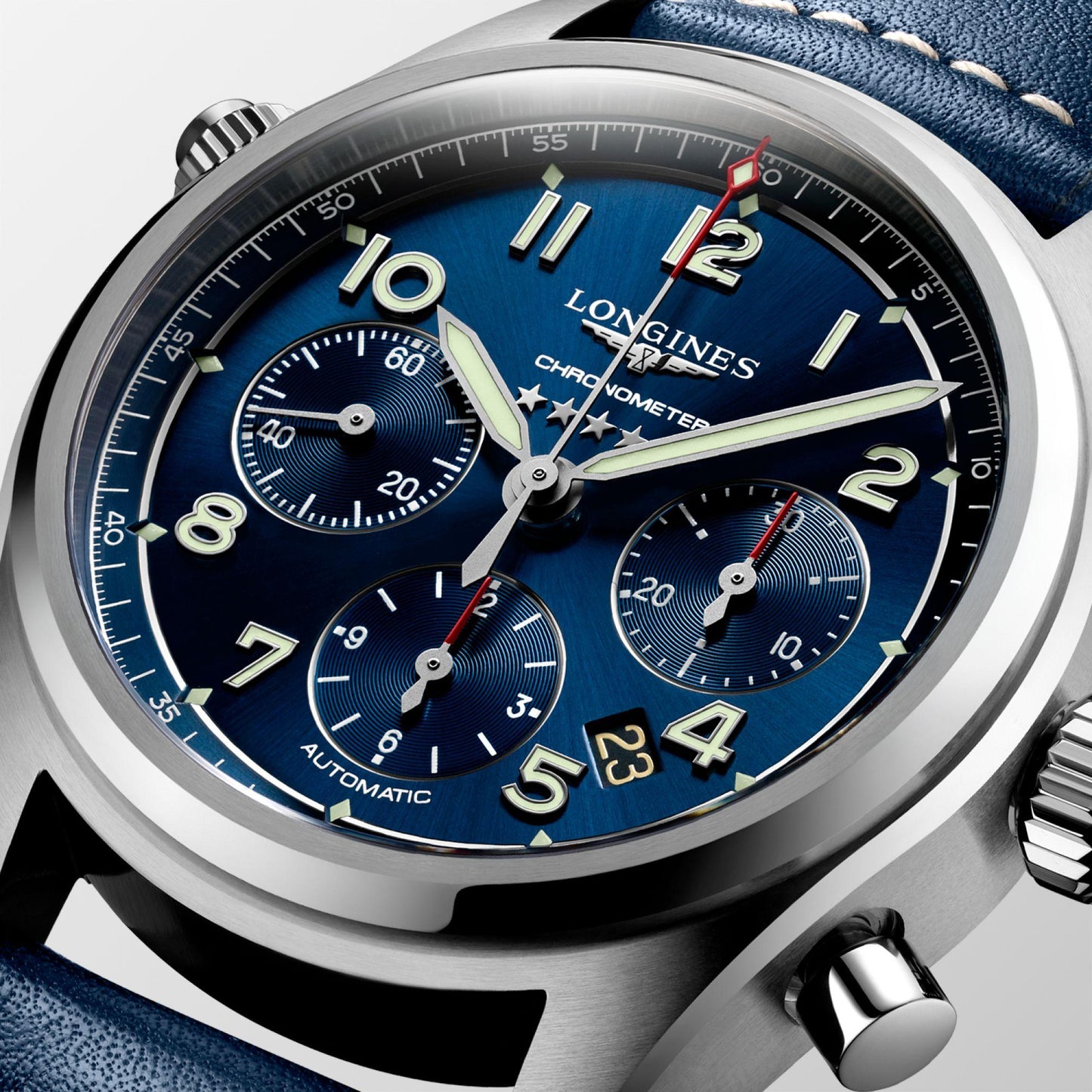 Longines horloge Spirit chronograaf 42mm blauw automatisch staal L3.820.4.93.0