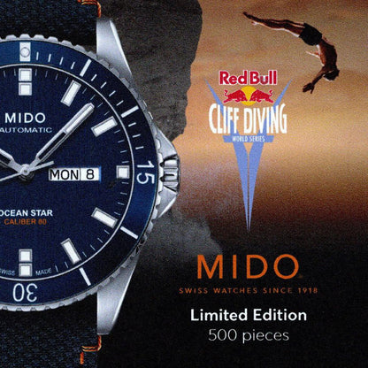 Mido horloge Ocean Star Red Bull Cliff Diving gelimiteerde oplage 500 stuks 42mm blauw automatisch staal M026.430.17.041.00