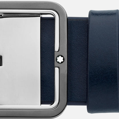 Montblanc cintura 35mm con fibbia rettangolare in pelle blu/grigio reversibile misura regolabile 131193