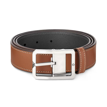 Montblanc riem 35mm met rechthoekige gesp van leer bruin/grijs omkeerbaar verstelbare maat 131164