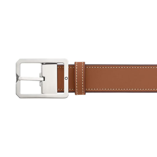 Montblanc riem 35mm met rechthoekige gesp van leer bruin/grijs omkeerbaar verstelbare maat 131164