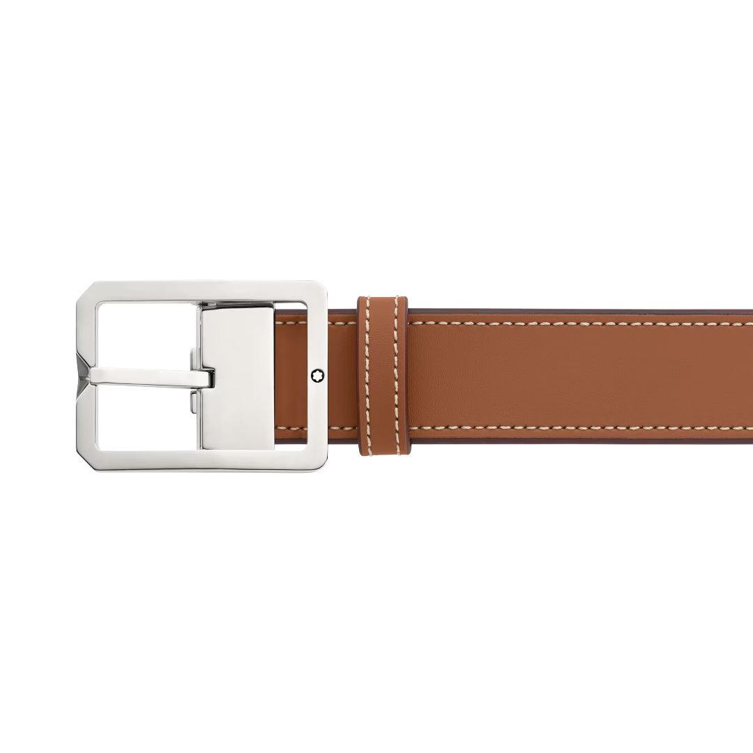 Montblanc riem 35mm met rechthoekige gesp van leer bruin/grijs omkeerbaar verstelbare maat 131164