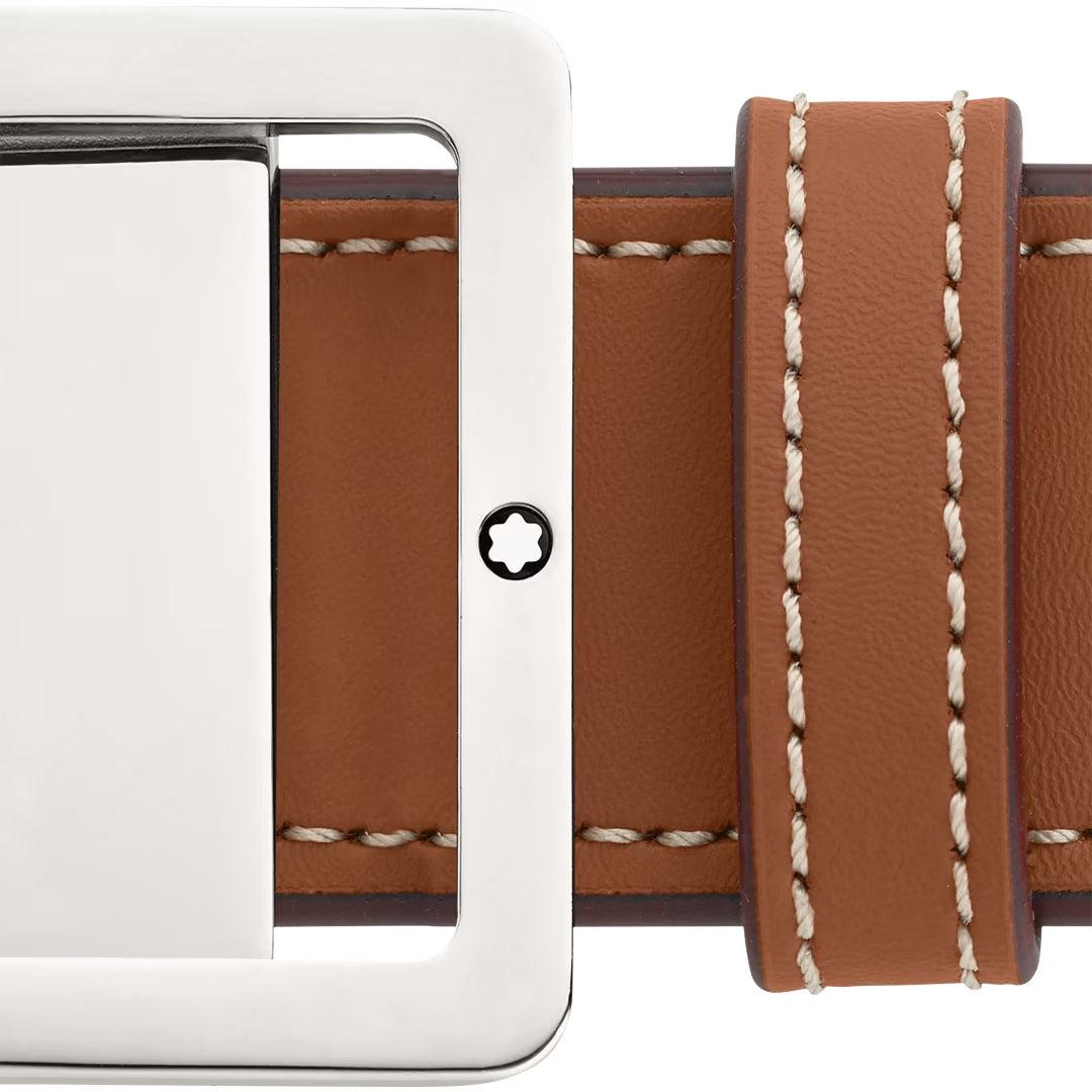 Montblanc riem 35mm met rechthoekige gesp van leer bruin/grijs omkeerbaar verstelbare maat 131164