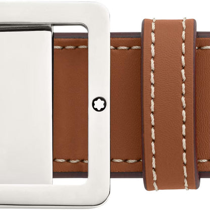 Montblanc riem 35mm met rechthoekige gesp van leer bruin/grijs omkeerbaar verstelbare maat 131164