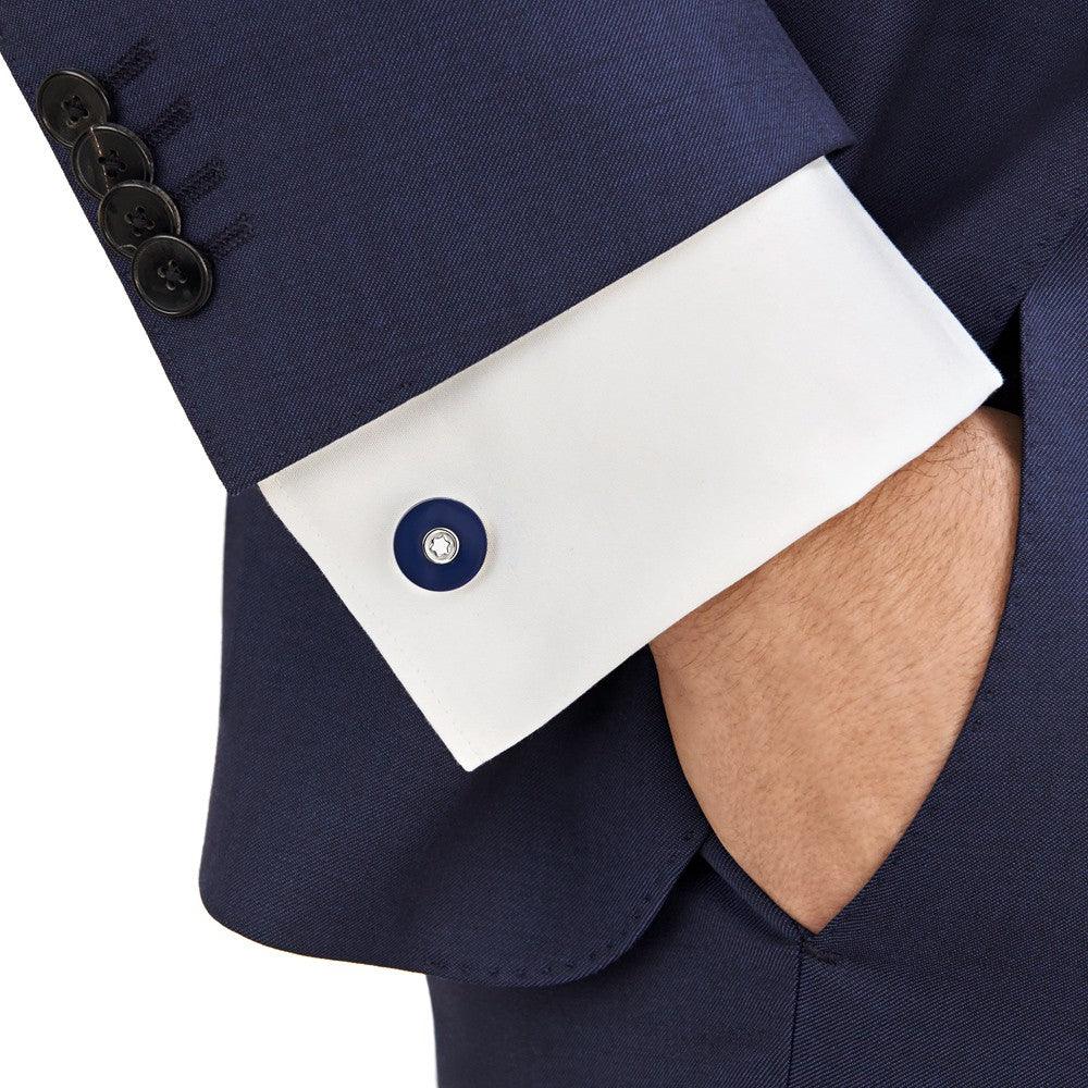 Montblanc ronde manchetknopen van edelstaal met blauwe hars 123812