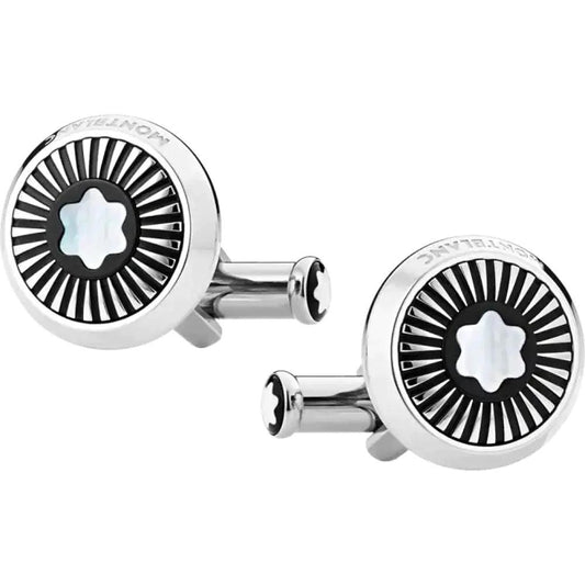 Montblanc ronde manchetknopen van staal met stralenmotief en parelmoer embleem 123809