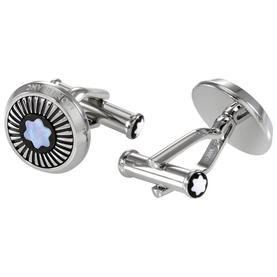Montblanc ronde manchetknopen van staal met stralenmotief en parelmoer embleem 123809