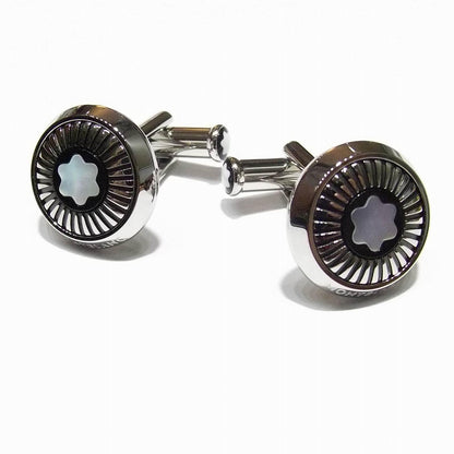 Montblanc ronde manchetknopen van staal met stralenmotief en parelmoer embleem 123809
