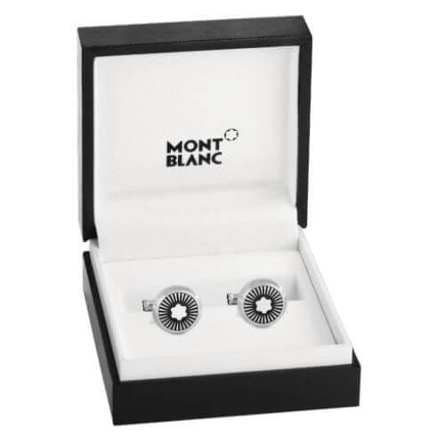 Montblanc ronde manchetknopen van staal met stralenmotief en parelmoer embleem 123809