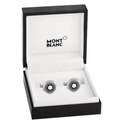 Montblanc ronde manchetknopen van staal met stralenmotief en parelmoer embleem 123809