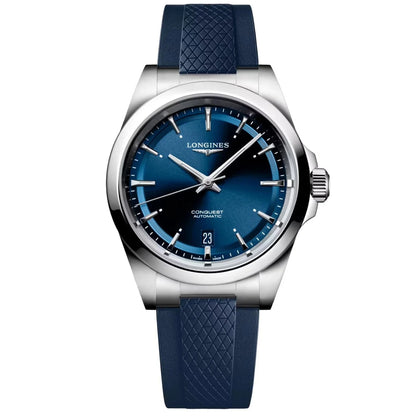 Orologio conquest Longines automatico 38mm con quadrante blu sfumato e cinturino in gomma blu protetto dall ufficio federale svizzero