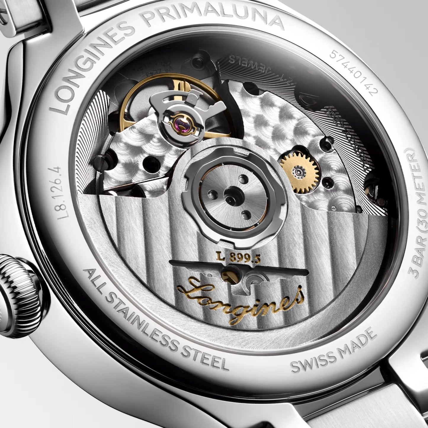 Longines primaluna orologio automatico 34mm con movimento meccanico visibile cassa acciaio lucido argento