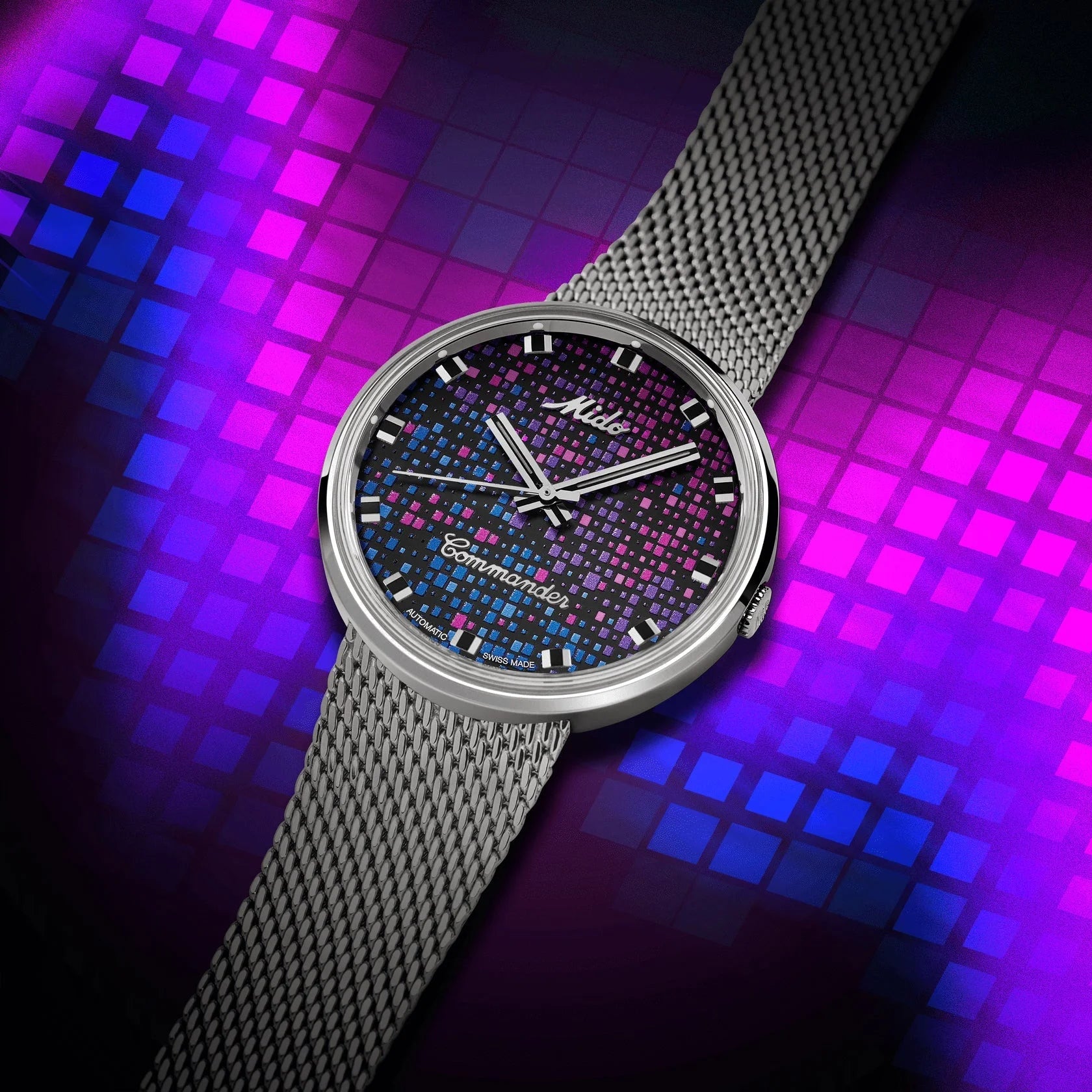 Mido orologio commander 1959 37mm nero automatico acciaio con quadrante pixelato blu e rosa e lancette bianche