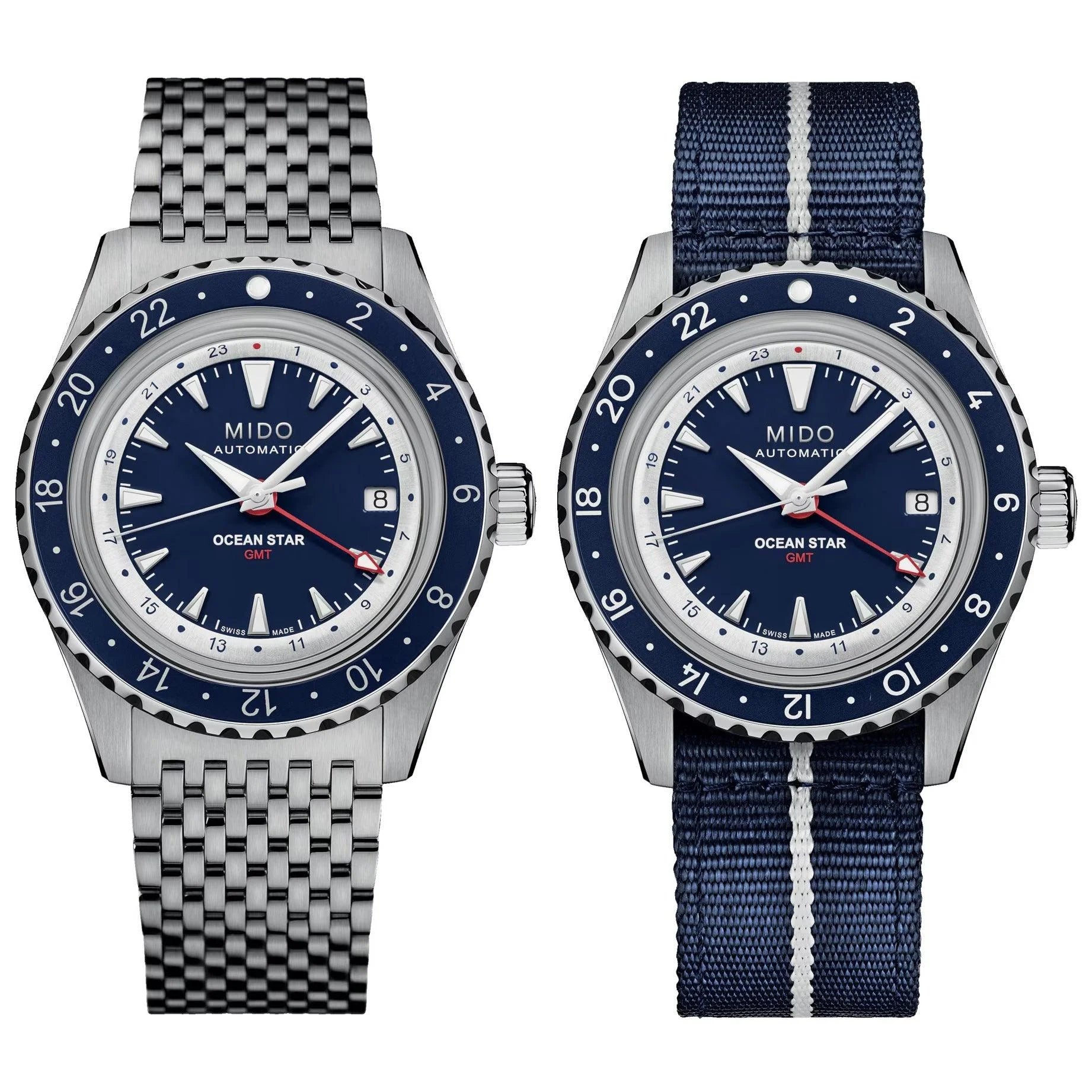 Due orologi mido ocean star gmt edizione speciale con funzione gmt, cinturino in acciaio e tessuto blu con righe bianche
