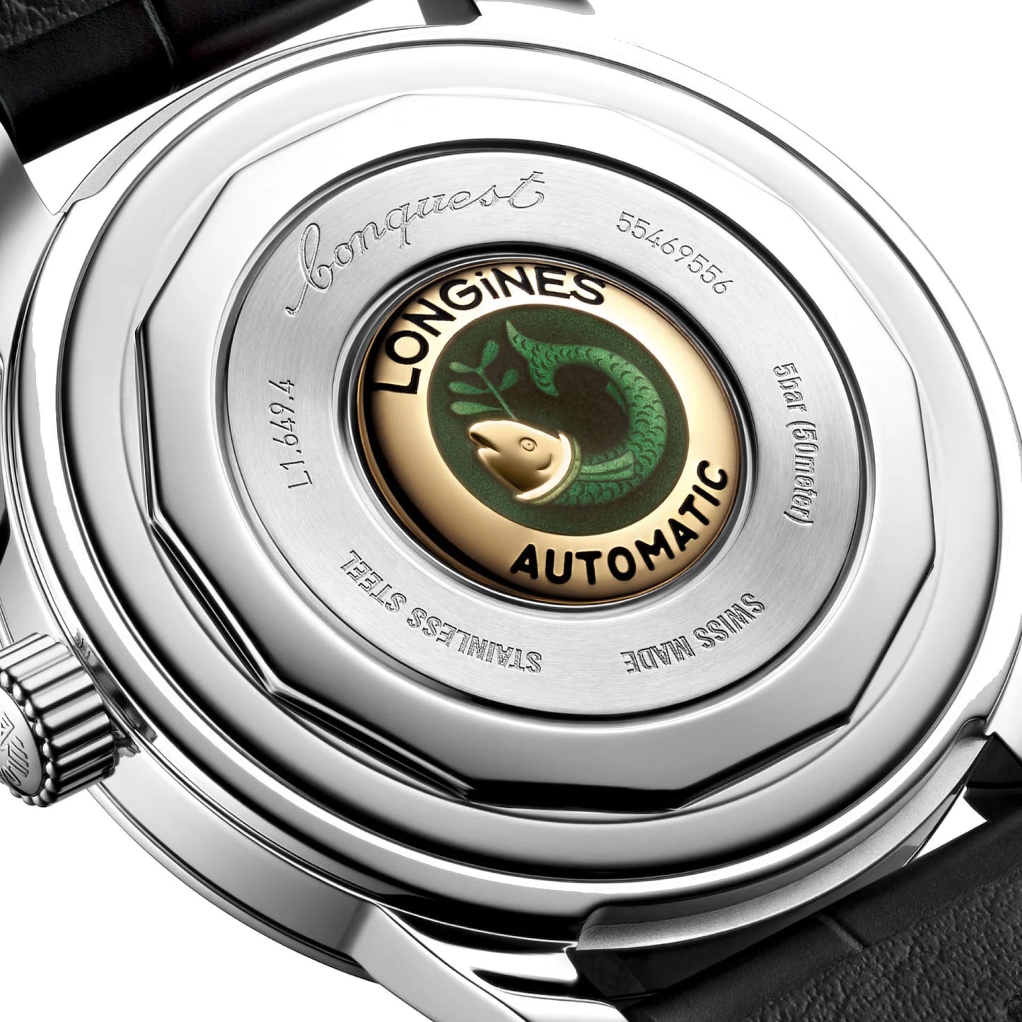Retro di orologio longines conquest heritage 38mm blu automatico acciaio con emblema pesce verde e oro protetto dall’ufficio federale svizzero